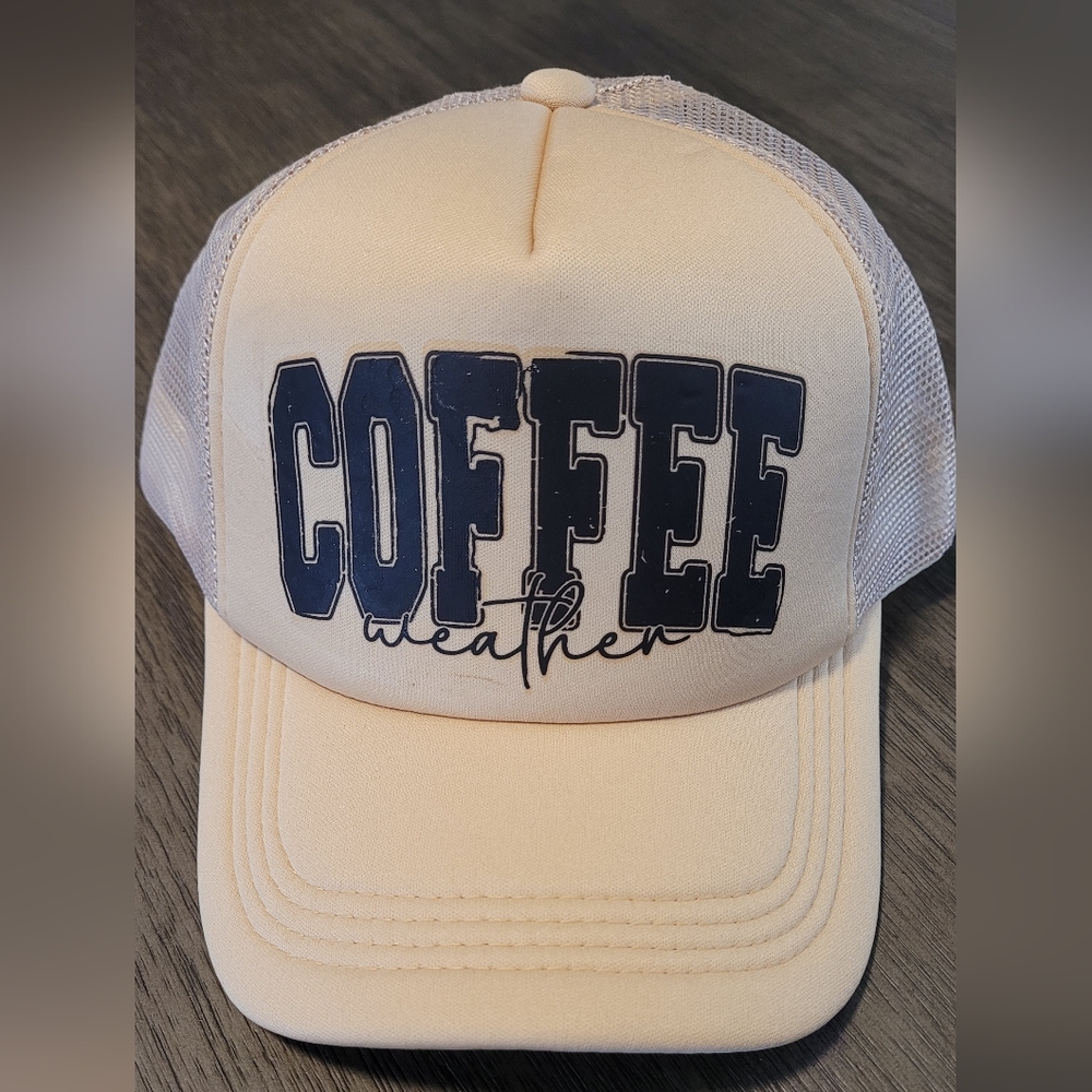 Beige Trucker Hat with Coffee Weather Print